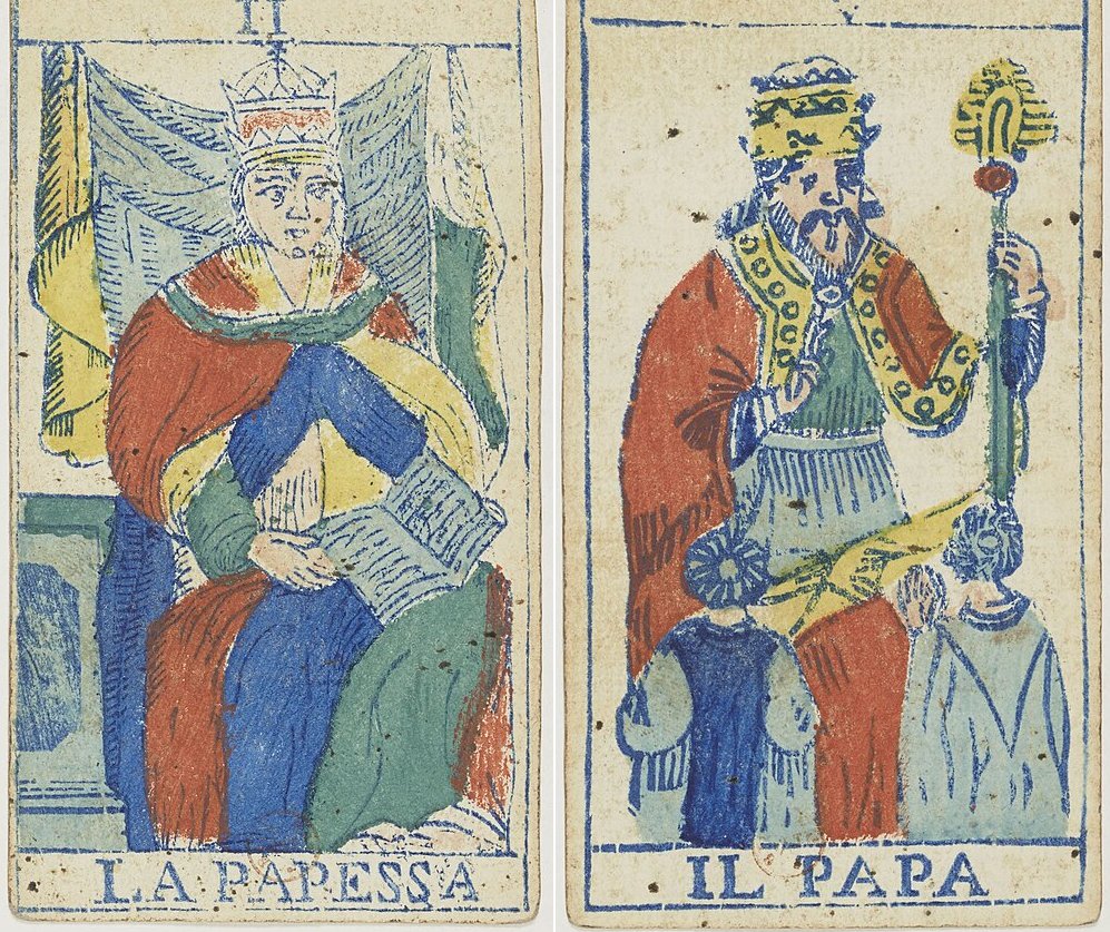 Tarocchi Solesio, 1865: Papa e Papessa.  http://gallica.bnf.fr/